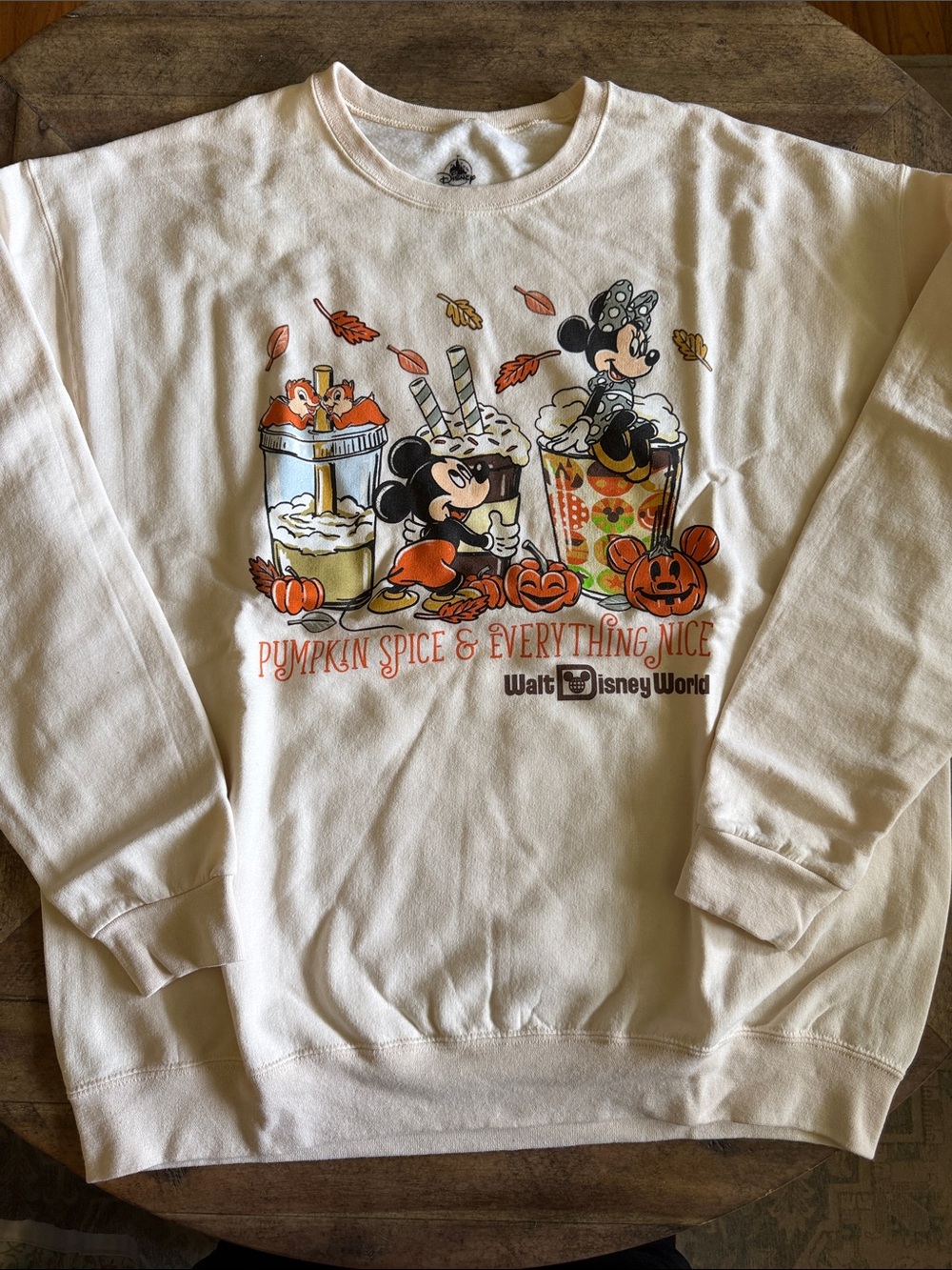 Disney World Cream Crewneck Sweatshirt with Pumpkin Spice Mickey & Minnie. NWOT